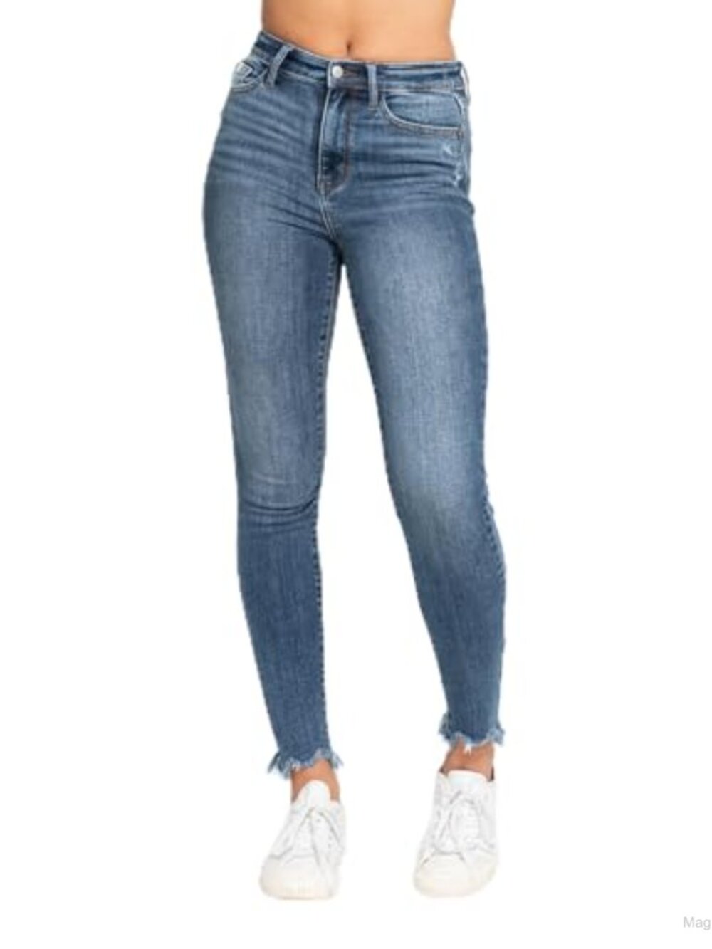 High Waisted Skinny Jeans with Destroy & Shark Bit Hem